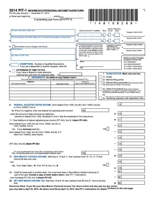 Fillable Form Pit-1 New Mexico Personal Income Tax Return - 2014 Printable pdf