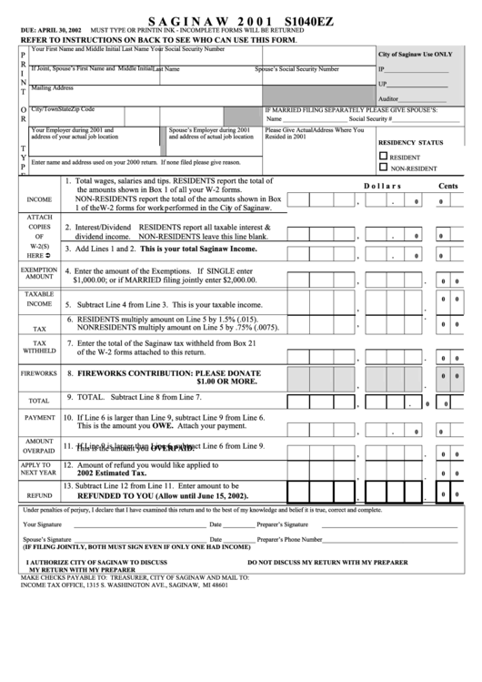 Form S1040ez - City Of Saginaw Income Tax - 2001 Printable pdf