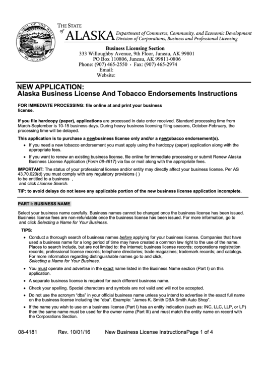 Form 08-4181 - Alaska Business License And Tobacco Endorsements Instructions Printable pdf