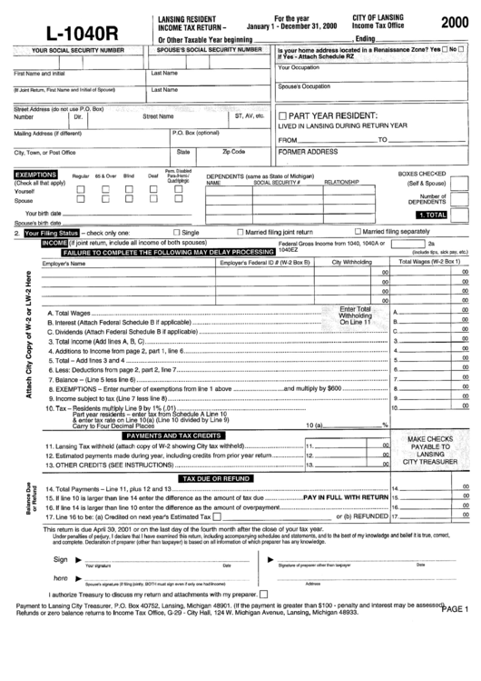 Form L-1040r - Lansing Resident Income Tax Return - 2000 Printable pdf