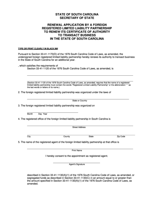 Fillable Renewal Application By A Foreign Registered Limited Liability Partnership Form Printable pdf