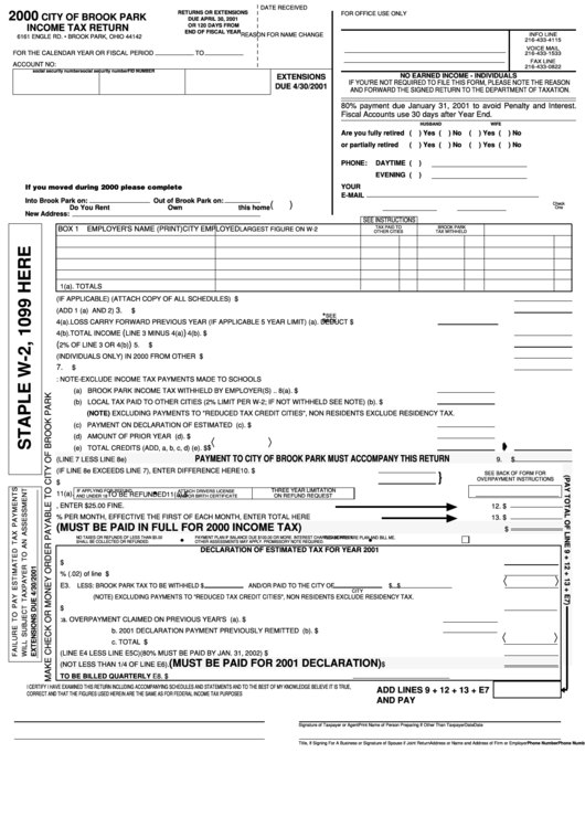 Form Income Tax Return - City Of Brook Park - 2000 Printable pdf