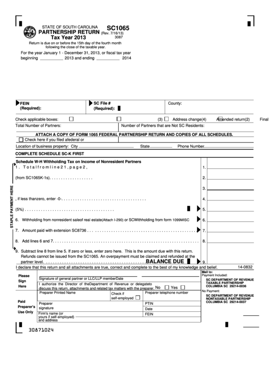 Form Sc1065 - Schedule Sc-K - Partnership Return Tax Year 2013 Printable pdf