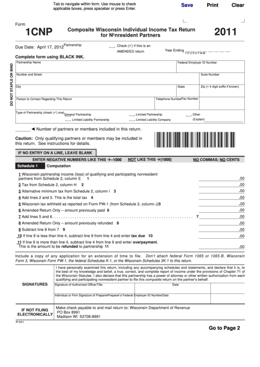 Fillable Form 1cnp - Composite Wisconsin Individual Income Tax Return For Nonresident Partners - 2011 Printable pdf