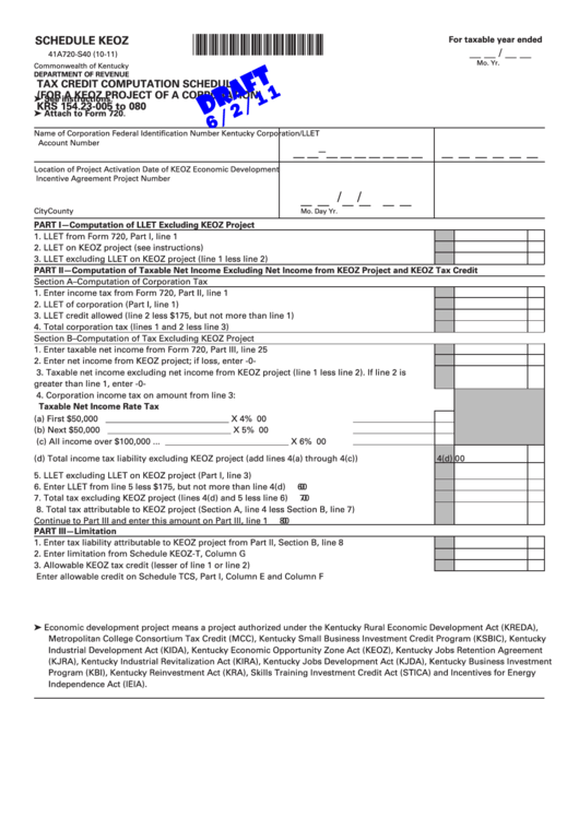 Form 41a720-S40 Draft - Schedule Keoz - Tax Credit Computation Schedule (For A Keoz Project Of A Corporation) Printable pdf
