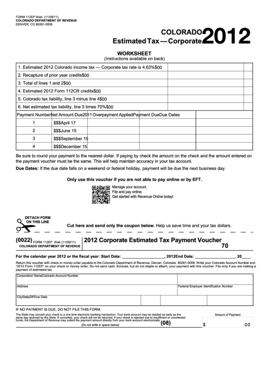 Form 112ep - Estimated Tax-Corporate Worksheet - 2012 Printable pdf