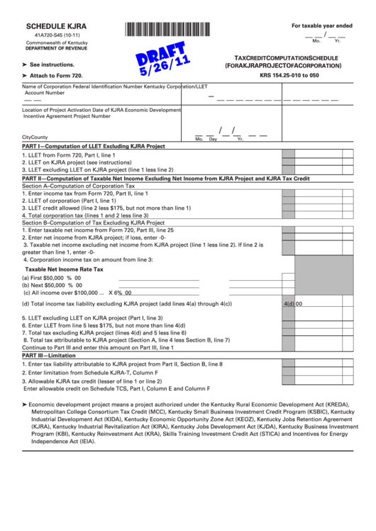 Form 41a720-S45 Draft - Schedule Kjra - Tax Credit Computation Schedule (For A Kjra Project Of A Corporation) Printable pdf