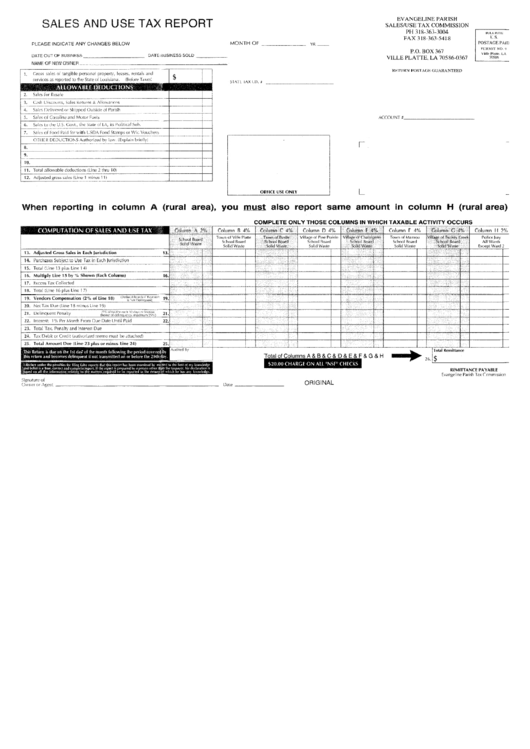 Sales And Use Tax Report - Evangeline Parish Printable pdf