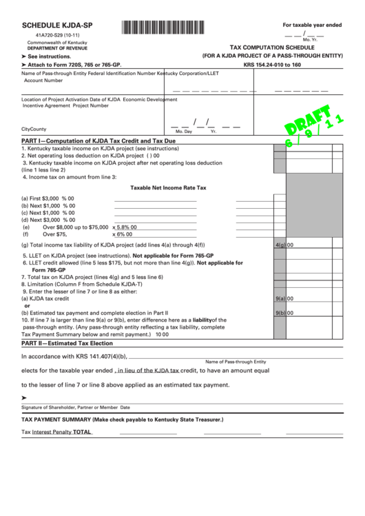 Form 41a720-S29 Draft - Schedule Kjda-Sp - Tax Computation Schedule (For A Kjda Project Of A Pass-Through Entity) Printable pdf