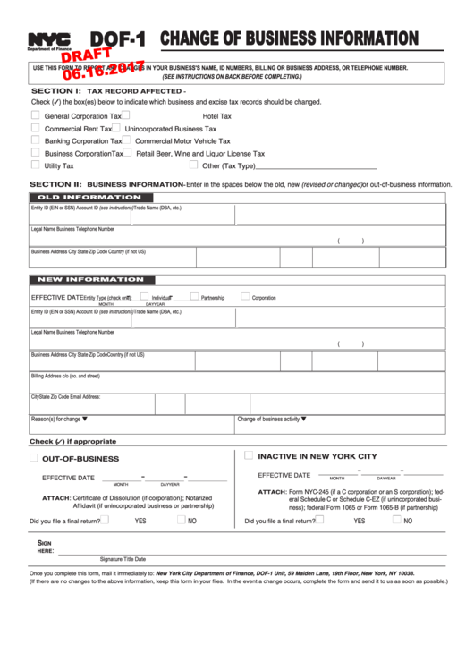 Form Dof-1 Draft - Change Of Business Information Printable pdf