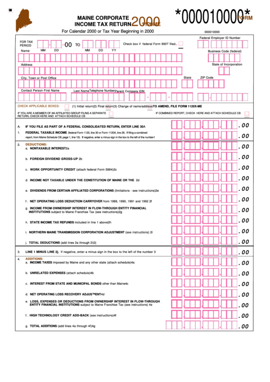 Form 1120me - Maine Corporate Income Tax Return - 2000 Printable pdf