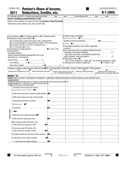 Fillable Schedule K-1 - Form 565 - Partner'S Share Of Income, Deductions, Credits, Etc. - 2011