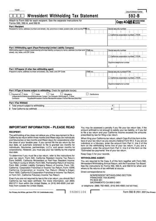 Form 592-B - Nonresident Withholding Tax Statement - 2001 Printable pdf