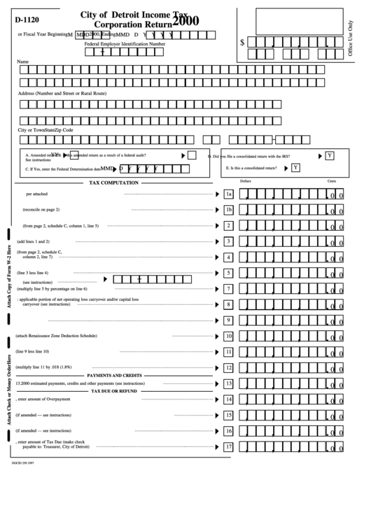 Form D-1120 - City Of Detroit Income Tax Corporation Return - 2000 Printable pdf