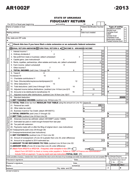 Form Ar1002f - Fiduciary Return - 2013 Printable pdf
