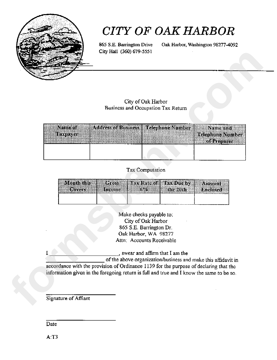 Form A:t3 - Business And Occupation Tax Return - City Of Oak Harbor