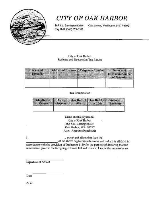 Form A:t3 - Business And Occupation Tax Return - City Of Oak Harbor Printable pdf