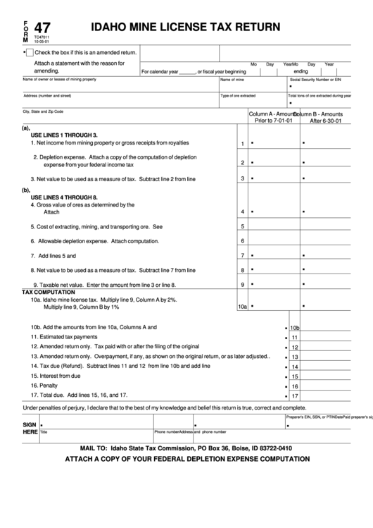 Fillable Form 47 - Idaho Mine License Tax Return Printable pdf