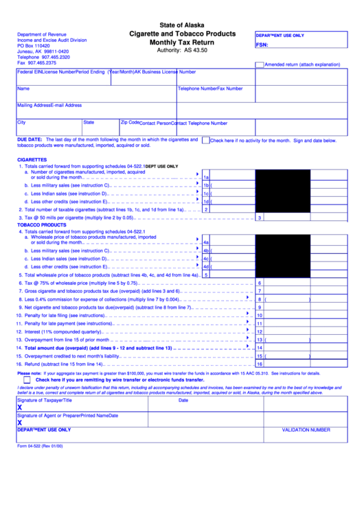 Form 04-522 - Cigarette And Tobacco Products Monthly Tax Return -State Of Alaska - 2000 Printable pdf
