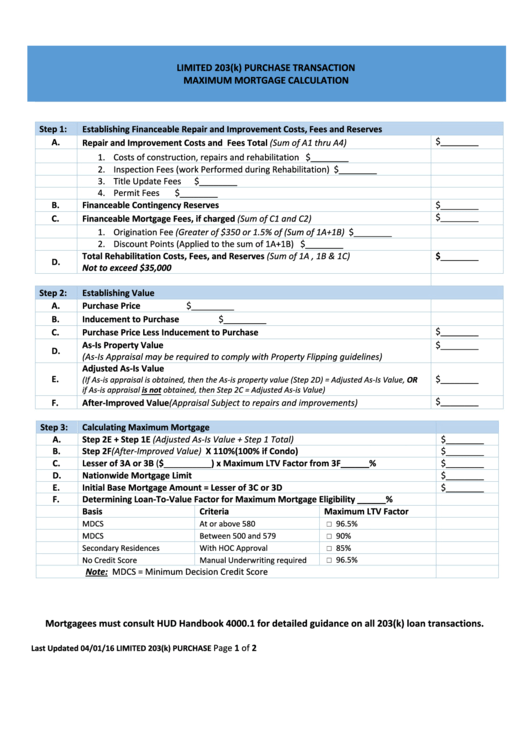 Limited 203(k) Purchase Transaction Maximum Mortgage Calculation Form