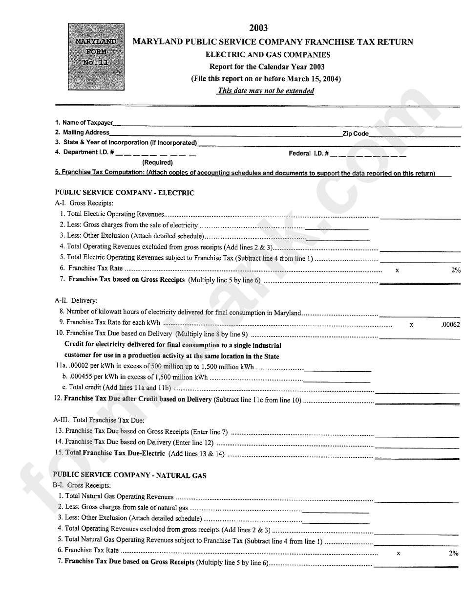 Maryland Form 11 - Public Service Company Franchise Tax Return - Electric And Gas Companies - 2003