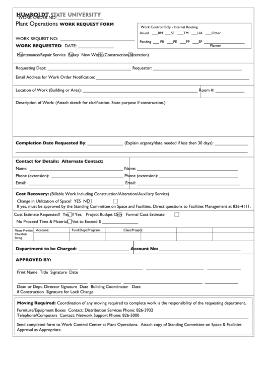 Fillable Plant Operations Work Request Form Printable pdf