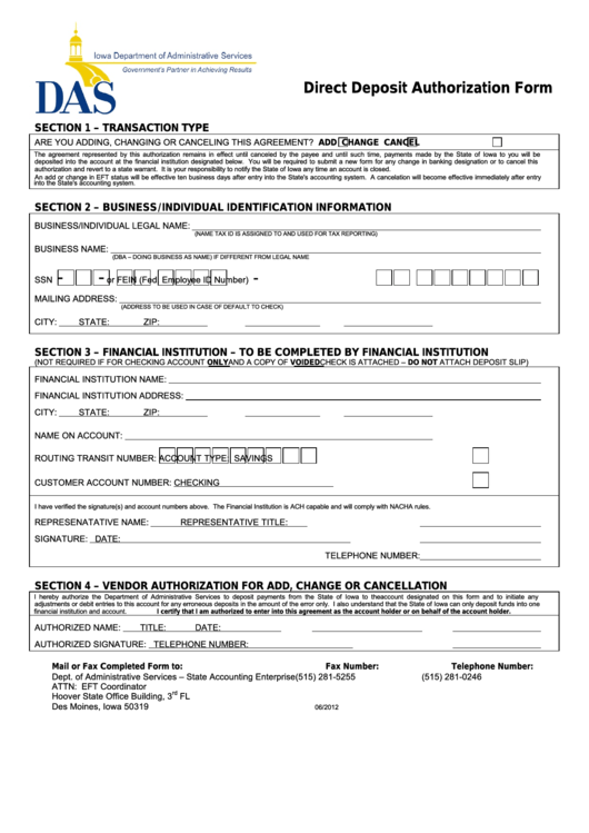 Fillable Direct Deposit Authorization Form - Iowa Department Of Administrative Services Printable pdf