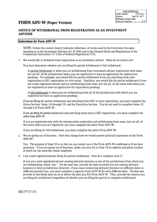 Form Adv-W - Notice Of Withdrawal From Registration As An Investment Adviser Printable pdf