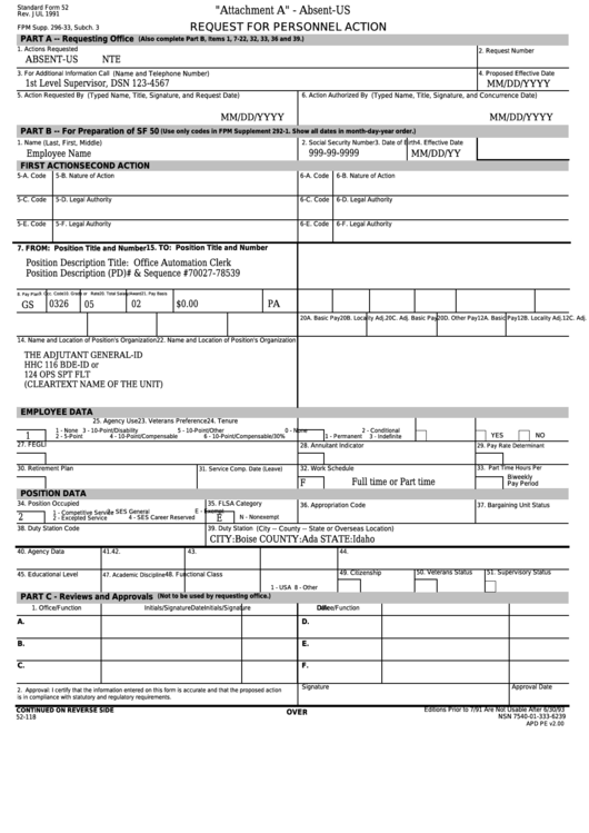 Fillable Attachment A (Standard Form 52) - Request For Personnel Action Printable pdf