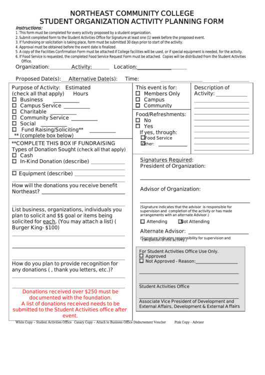 Student Organization Activity Planning Form Printable pdf