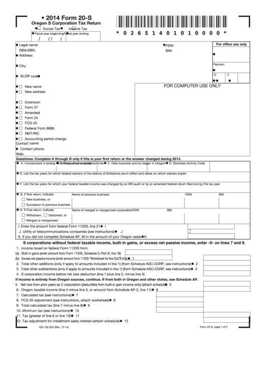 Fillable Form 20-S - Oregon S Corporation Tax Return - 2014 Printable pdf