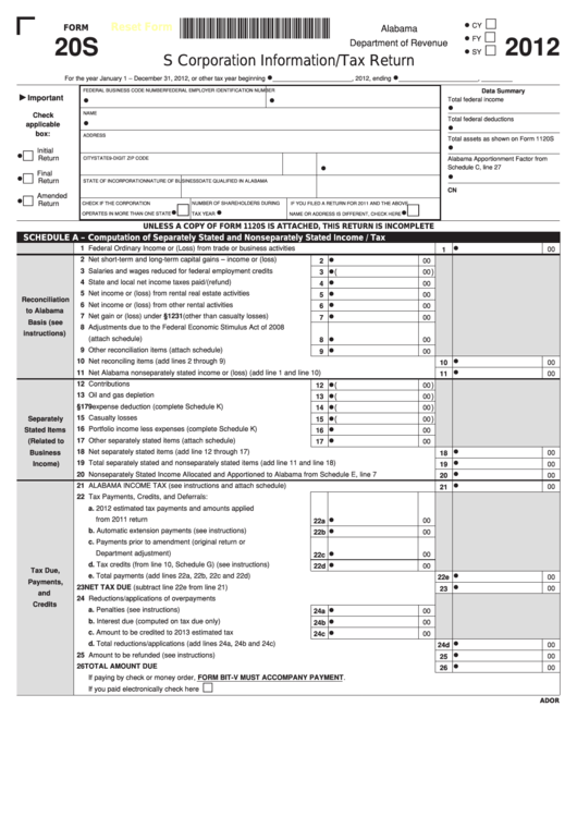 Form 20s - S Corporation Information/tax Return - 2012
