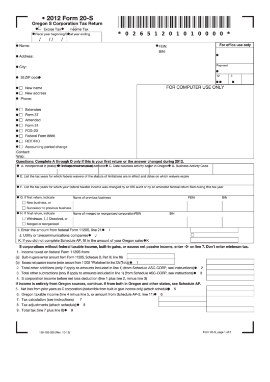 Fillable Form 20-S - Oregon S Corporation Tax Return - 2012 Printable pdf