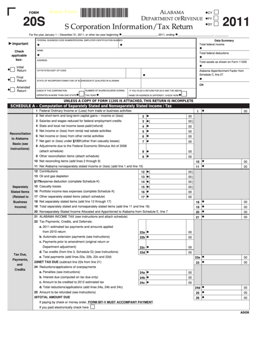 Form 20s - S Corporation Information/tax Return - 2011