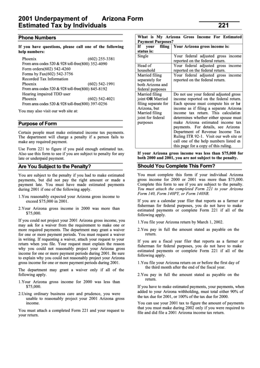 Instructions For Arizona Form 221 - Underpayment Of Estimated Tax By Individuals - 2001 Printable pdf