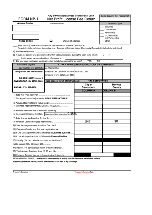 Fillable Form Np-1 - Net Profit License Fee Return - City Of Owensboro/daviess County Fiscal Court Printable pdf