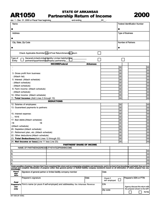 Form Ar1050 - Partnership Return Of Income - 2000 Printable pdf