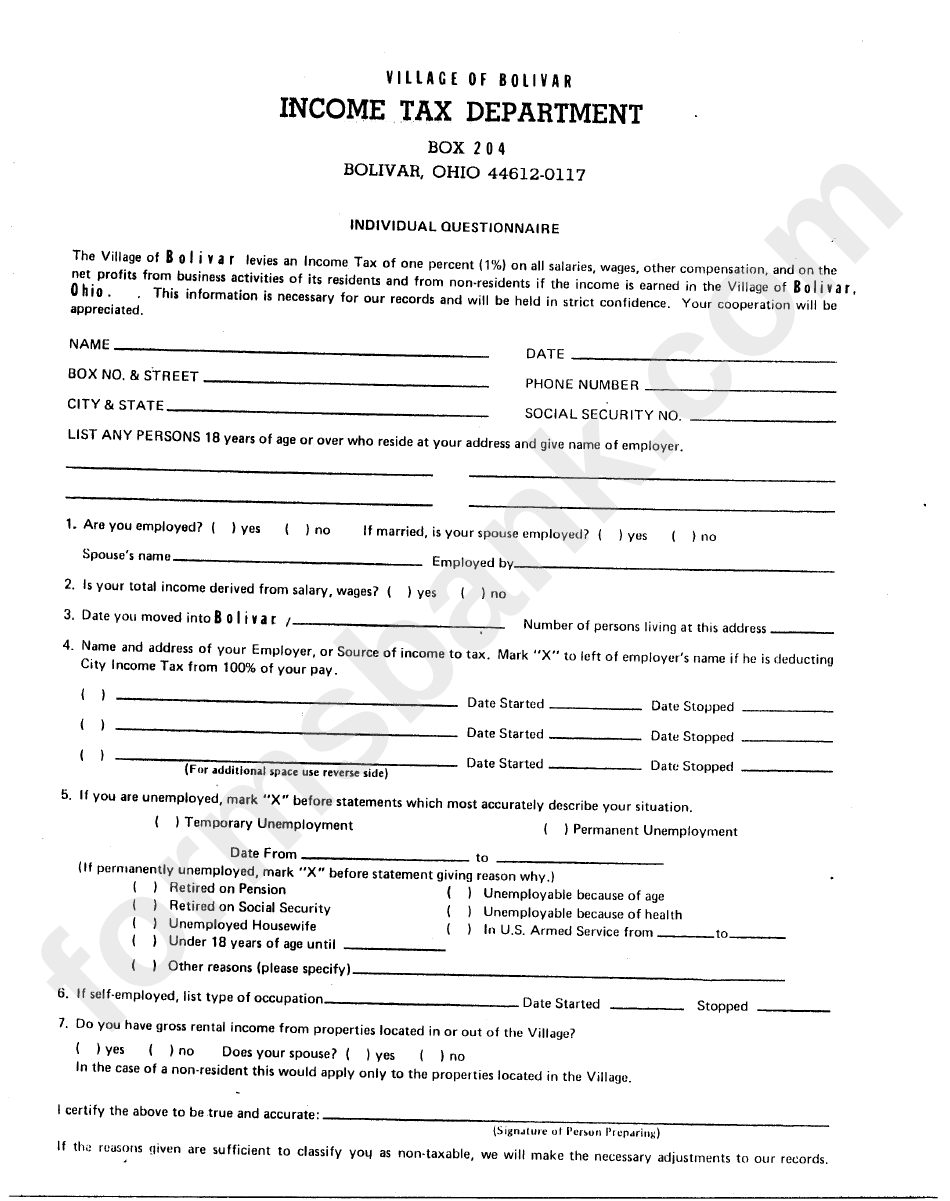 Individual Questionnaire - Village Of Bolivar Income Tax Department