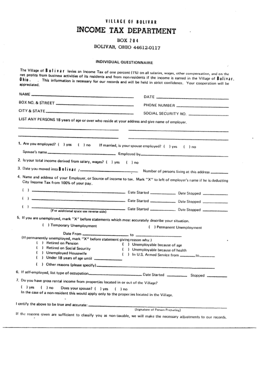 Individual Questionnaire - Village Of Bolivar Income Tax Department Printable pdf