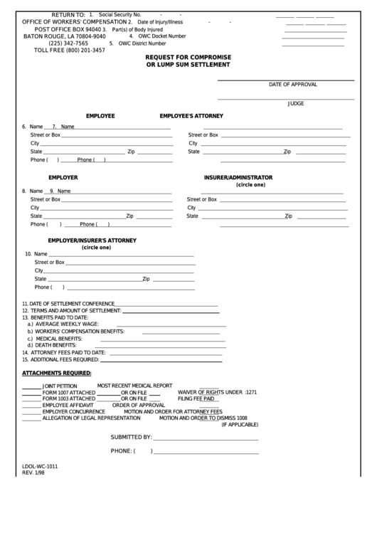 Fillable Form Ldol-Wc-1011 - Request For Compromise Or Lump Sum Settlement - 1998 Printable pdf