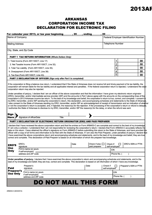 Fillable Form Ar8453-C - Arkansas Corporation Income Tax Declaration For Electronic Filing - 2013 Printable pdf
