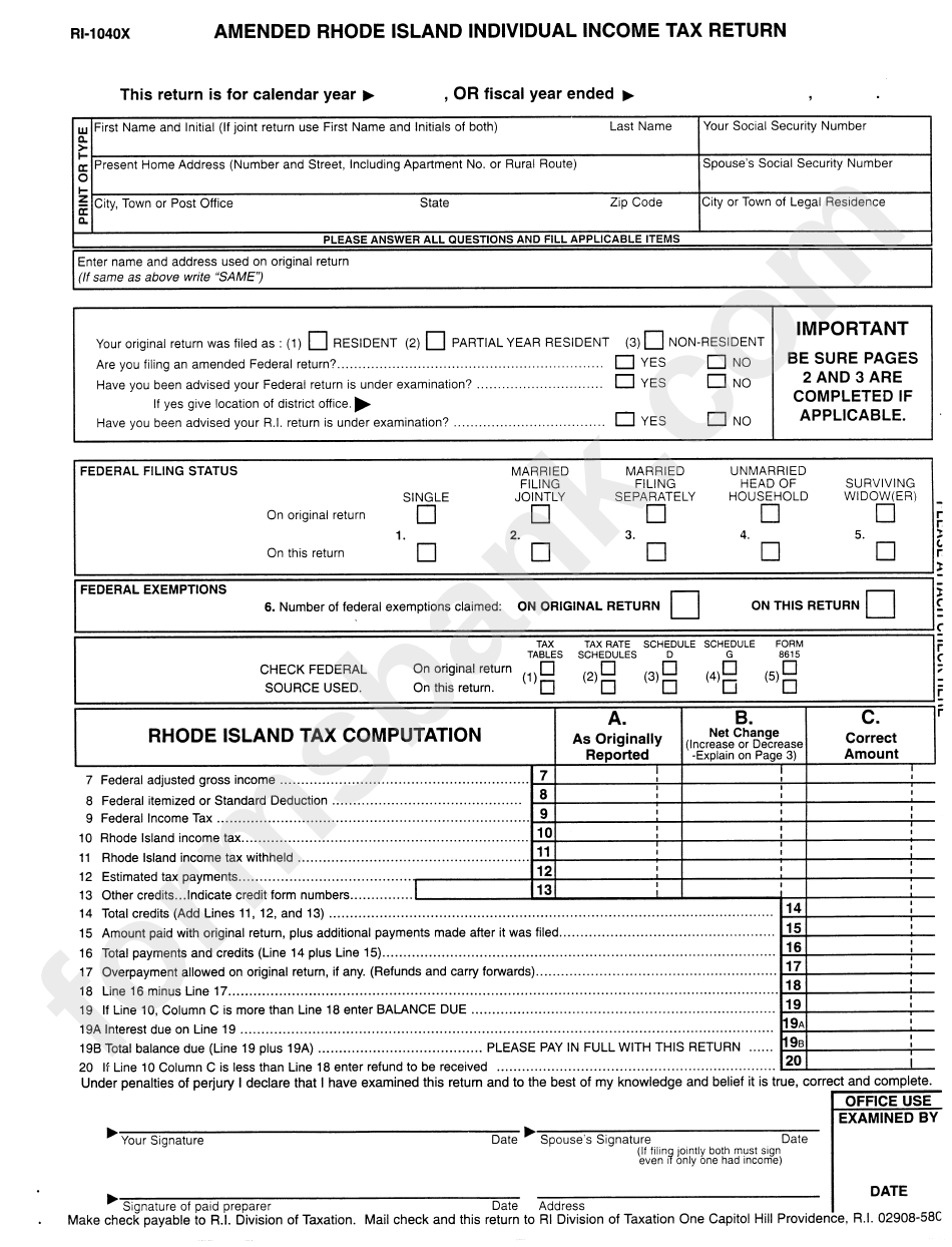 Form Ri-1040x - Amended Rhode Islands Individual Income Tax Return