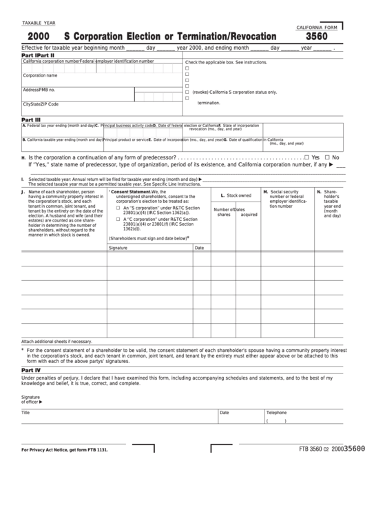 California Form 3560 - S Corporation Election Or Termination/revocation - 2000 Printable pdf