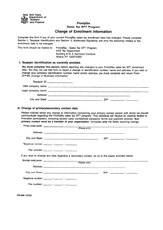 Fillable Form Pr-696 - Change Of Enrollment Informarion Printable pdf