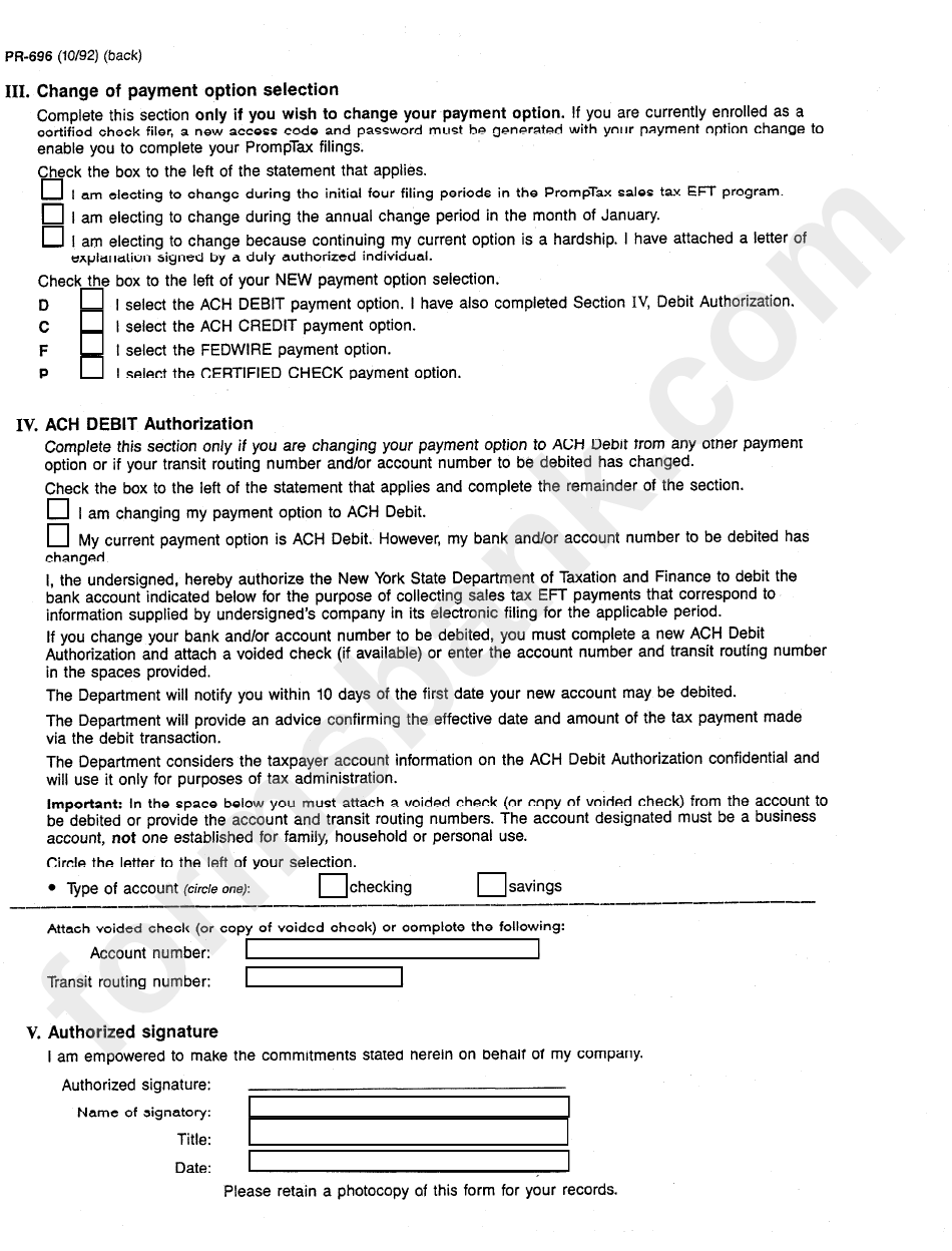 Form Pr-696 - Change Of Enrollment Informarion