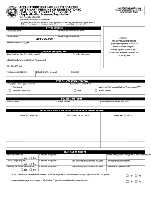 Fillable State Form 44614 - Application For A License To Practice Veterinary Medicine Or Registration To Practice Veterinary Technology Printable pdf