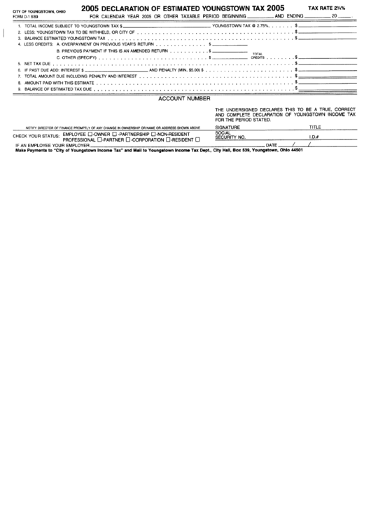 Form D-1 - Declaration Of Estimated Youngstown Tax - 2005 Printable pdf