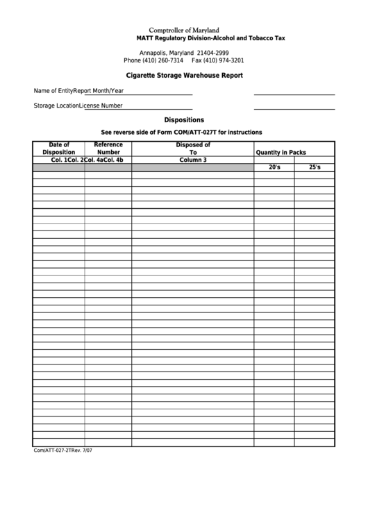Fillable Form Com/att-027-2t - Cigarette Storage Warehouse Report Printable pdf