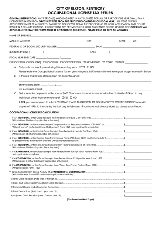 Occupational License Tax Return - The City Of Elkton Printable pdf