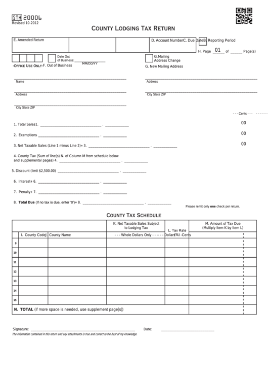 Fillable Form Sth20006 - County Lodging Tax Return Printable pdf